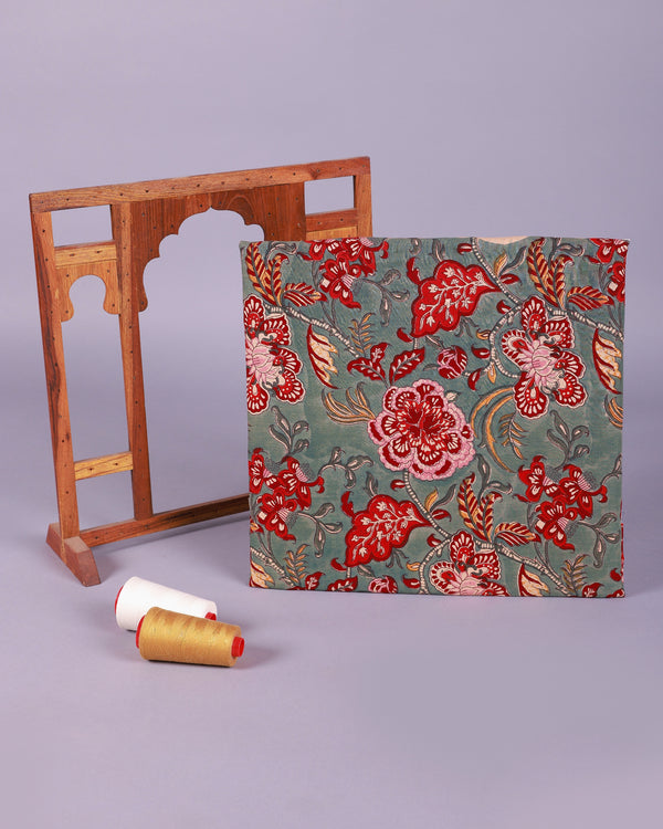 NASREEN GREEN FLORAL BLOCK PRINT FABRIC (WIDTH 42 INCHES)