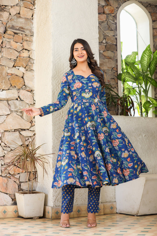 BLUE SAPPHIRE GHER HANDBLOCK KURTA ONLY