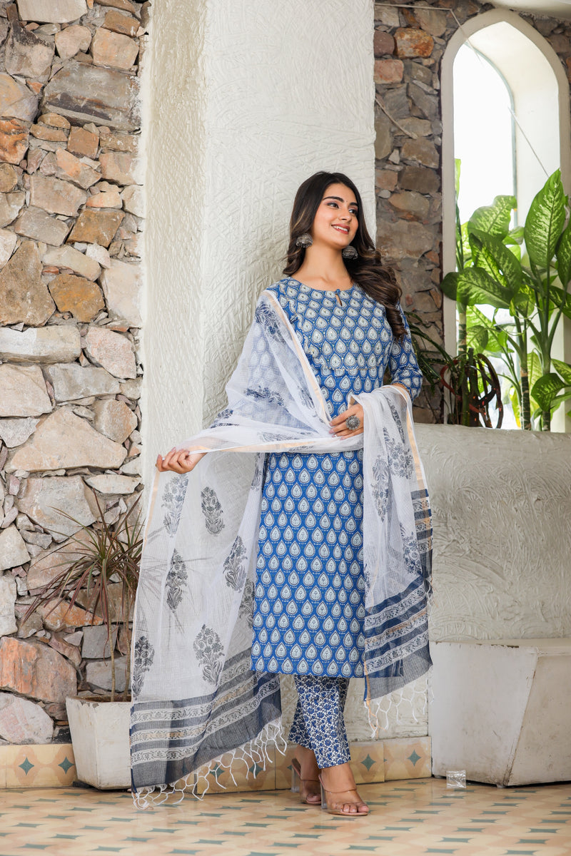 Blue Breeze Handblock Kotadoria Dupatta Suit