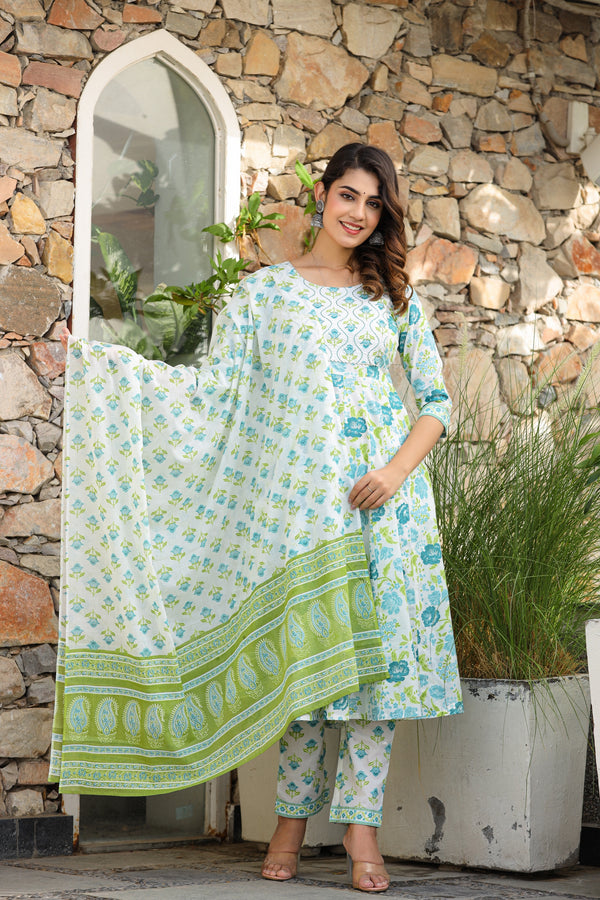 Ivory Blue Floral Cotton Unstitched Suit Set