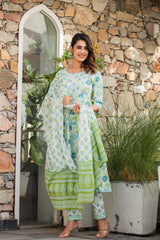 Ivory Blue Floral Embroidery Cotton Suit Set