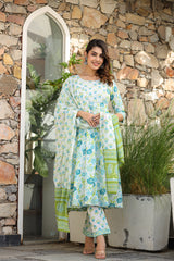 Ivory Blue Floral Embroidery Cotton Suit Set