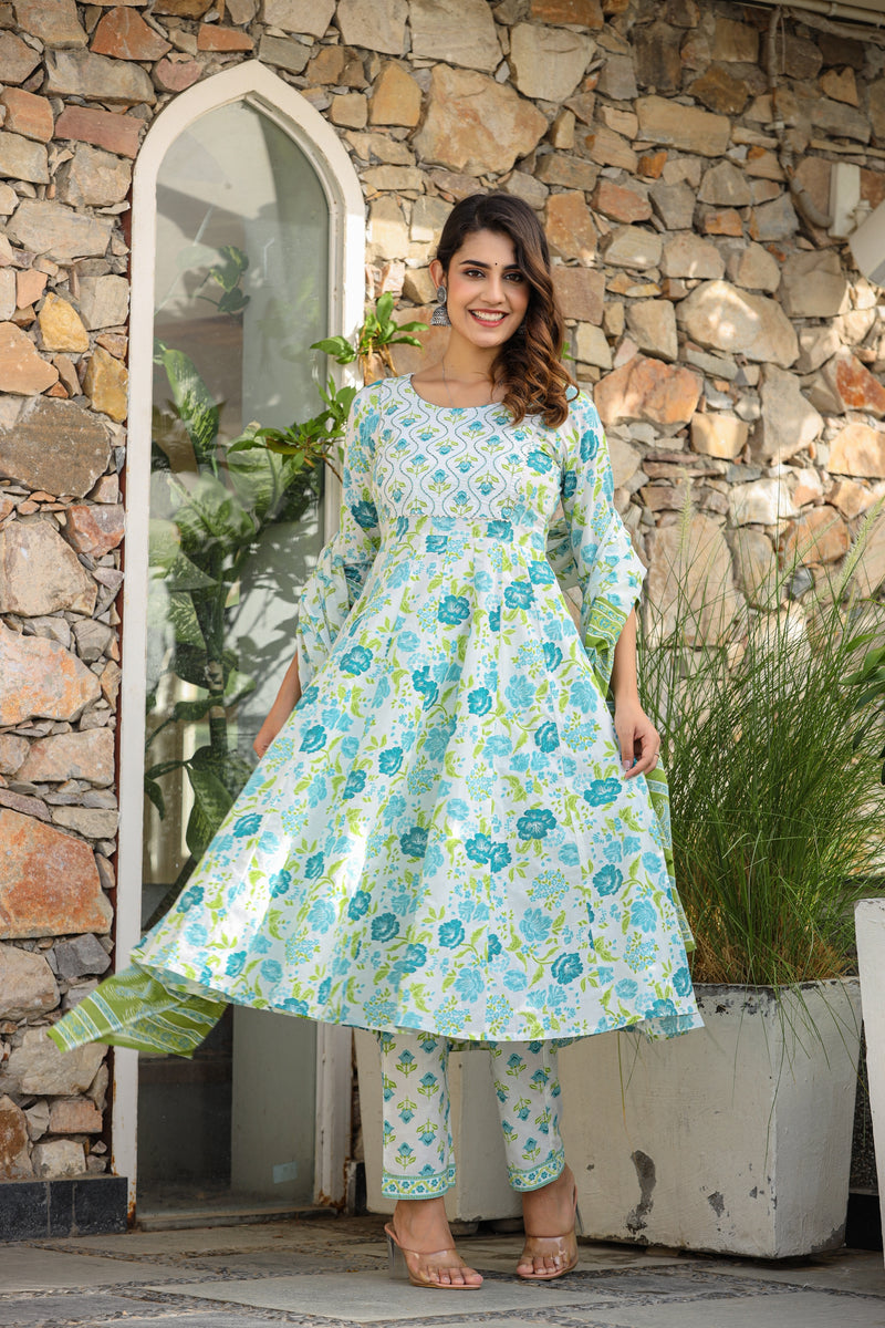 Ivory Blue Floral Embroidery Cotton Suit Set