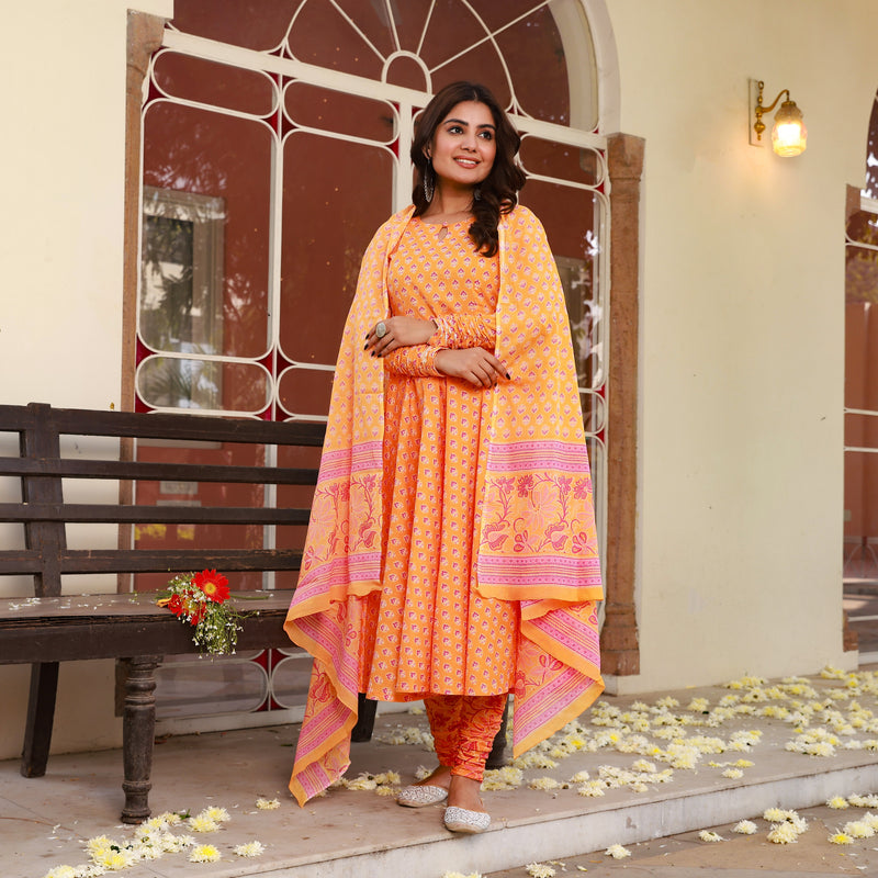 Omani Orange Cotton Anarkali  Suit Set