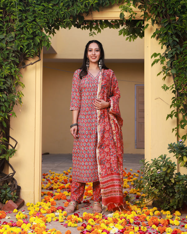 Raya Red Handblock Buti Print Cotton Straight Kurta Set