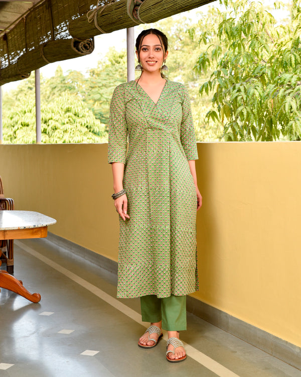 Gulfi Green Handblock Cotton Straight Buti Kurta