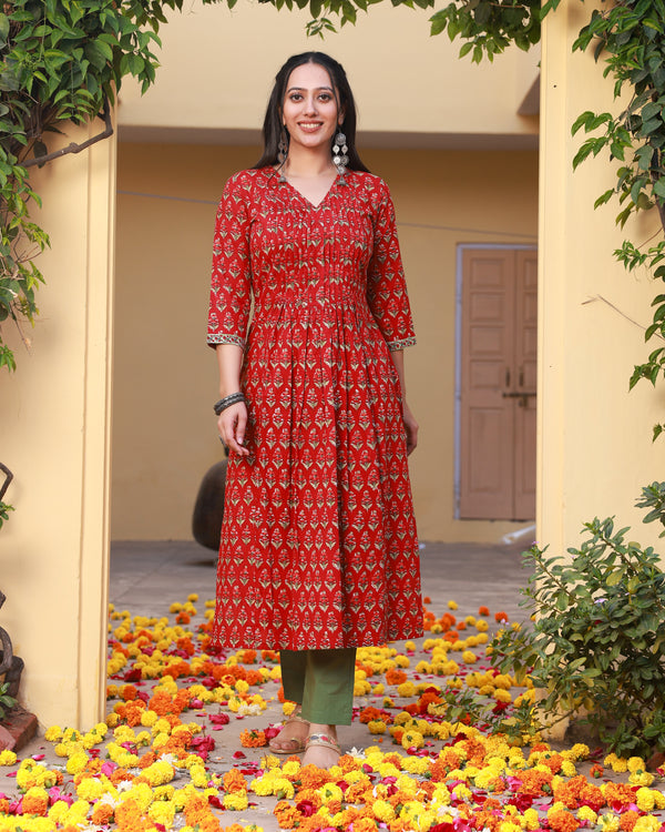 Razia Red Handblock Cotton Pleated Straight Kurta