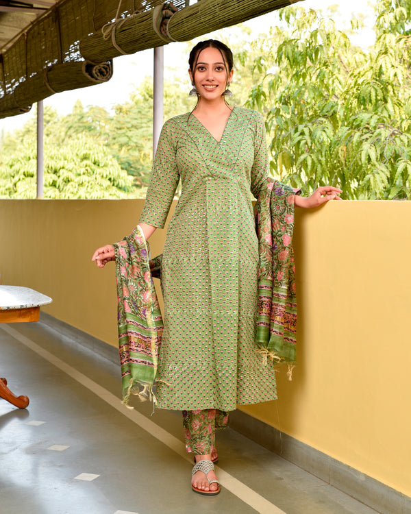 Gulfi Green Handblock Cotton Straight Suit Set