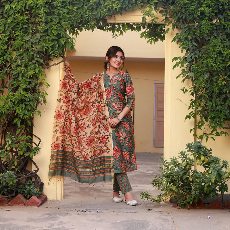Goel Green Handblock Pintuck Straight Chanderi Suit Set