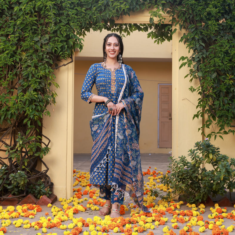 Badrah Blue Handblock Cotton Pleated Straight Suit Set