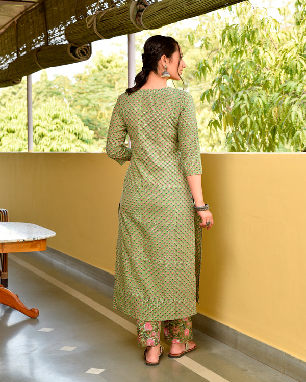 Gulfi Green Handblock Cotton Straight Suit Set