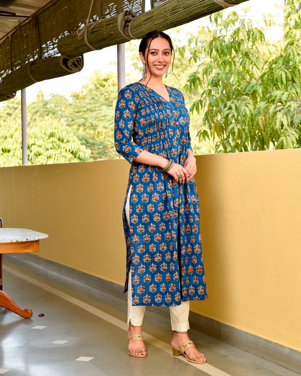 Bashir Blue Handblock Cotton Pleated Straight Buti Kurta