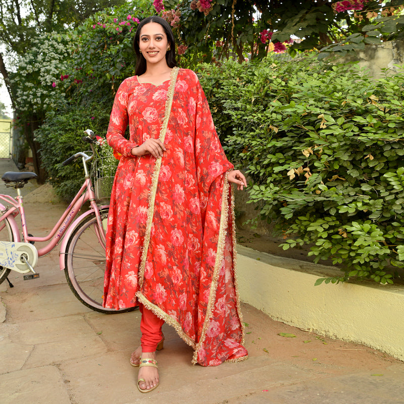 Ranchi Red Embroidered Anarkali Suit Set