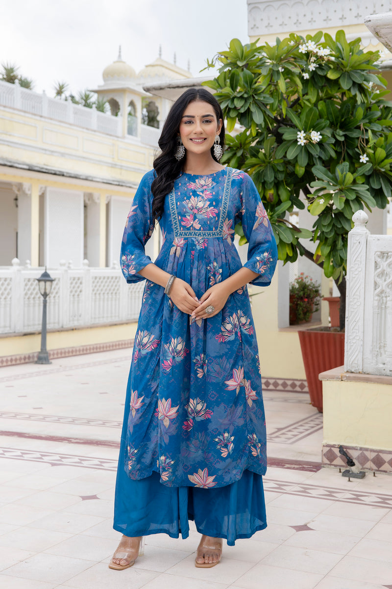 Sapphire Floral A-line Silk Suit Set