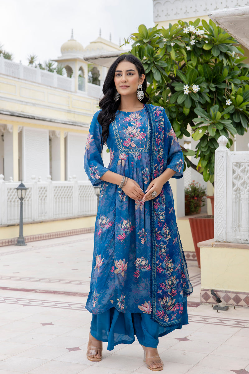 Sapphire Floral A-line Silk Suit Set