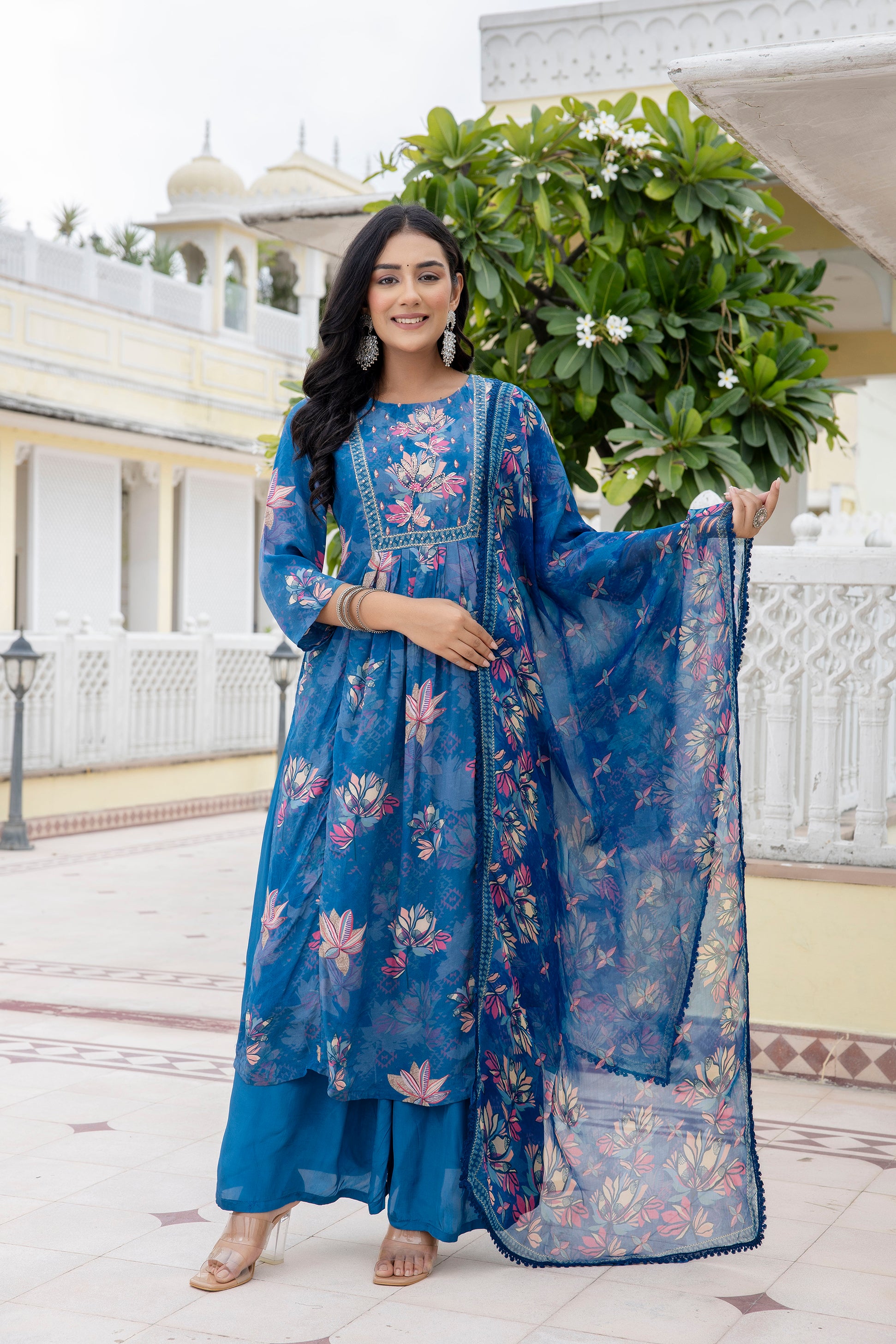 Green Brocade Silk Blend A-Line Suit Set