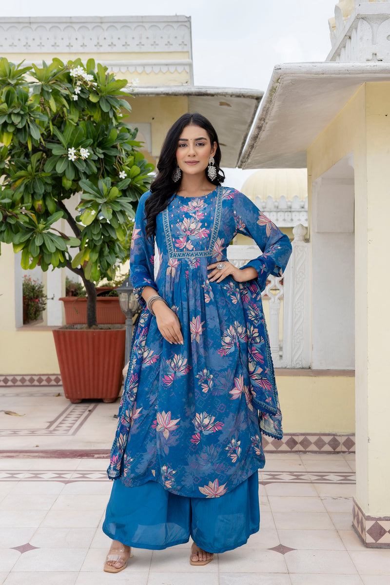 Sapphire Floral A-line Silk Suit Set