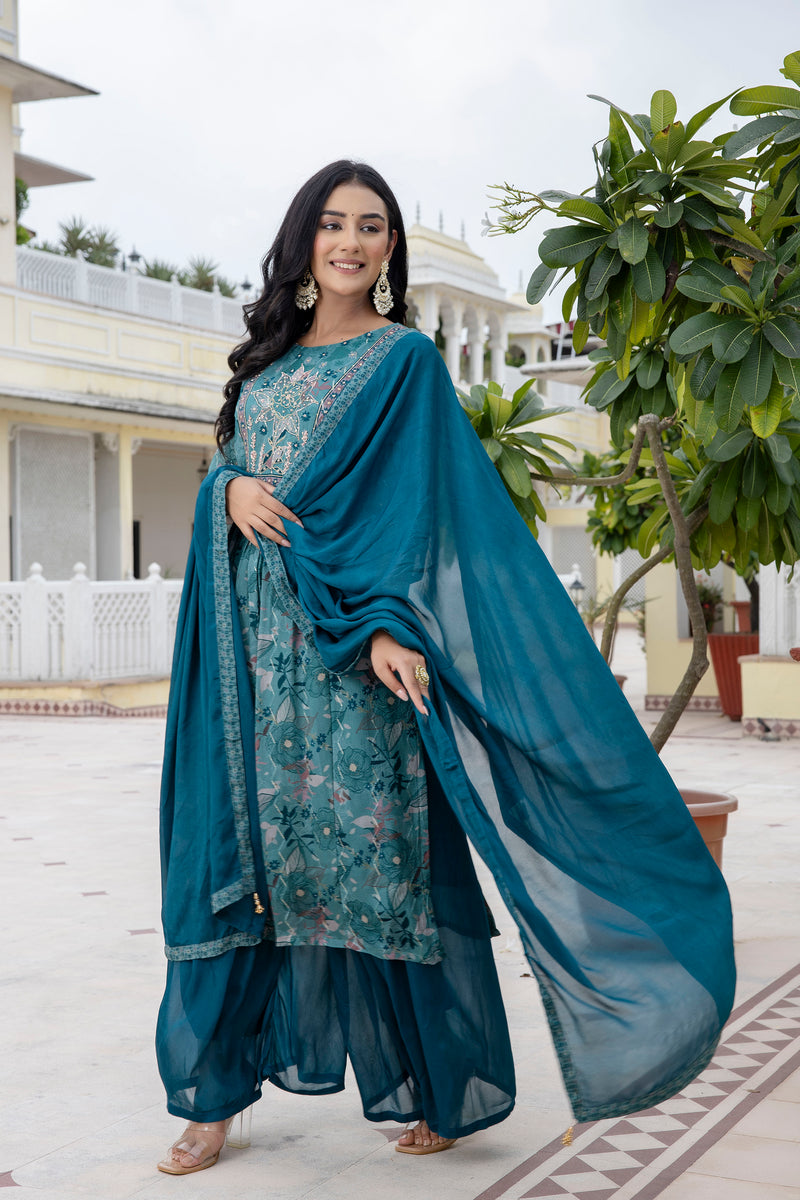 Ruby Floral A-line Silk Suit set