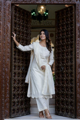 Dharini White Handwork Suit Set with Chiffon Dupatta