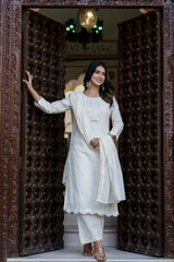 Dharini White Handwork Suit Set with Chiffon Dupatta