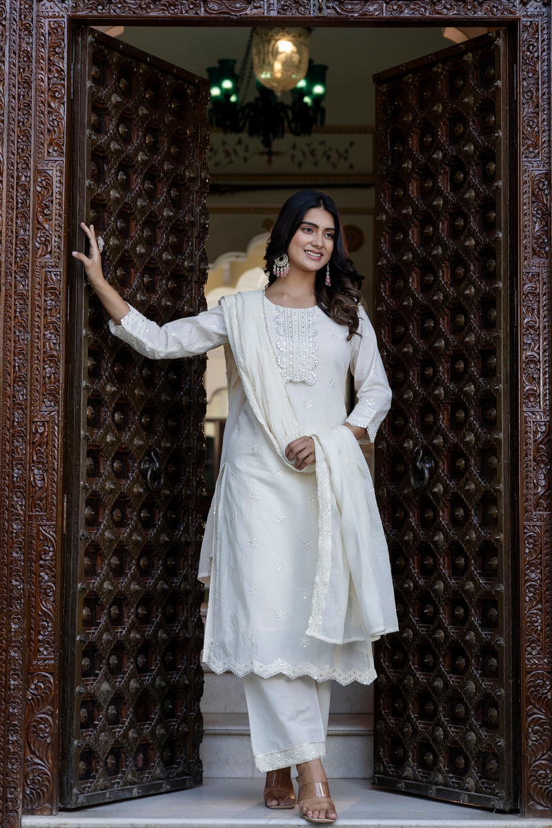 Dharini White Handwork Suit Set with Chiffon Dupatta