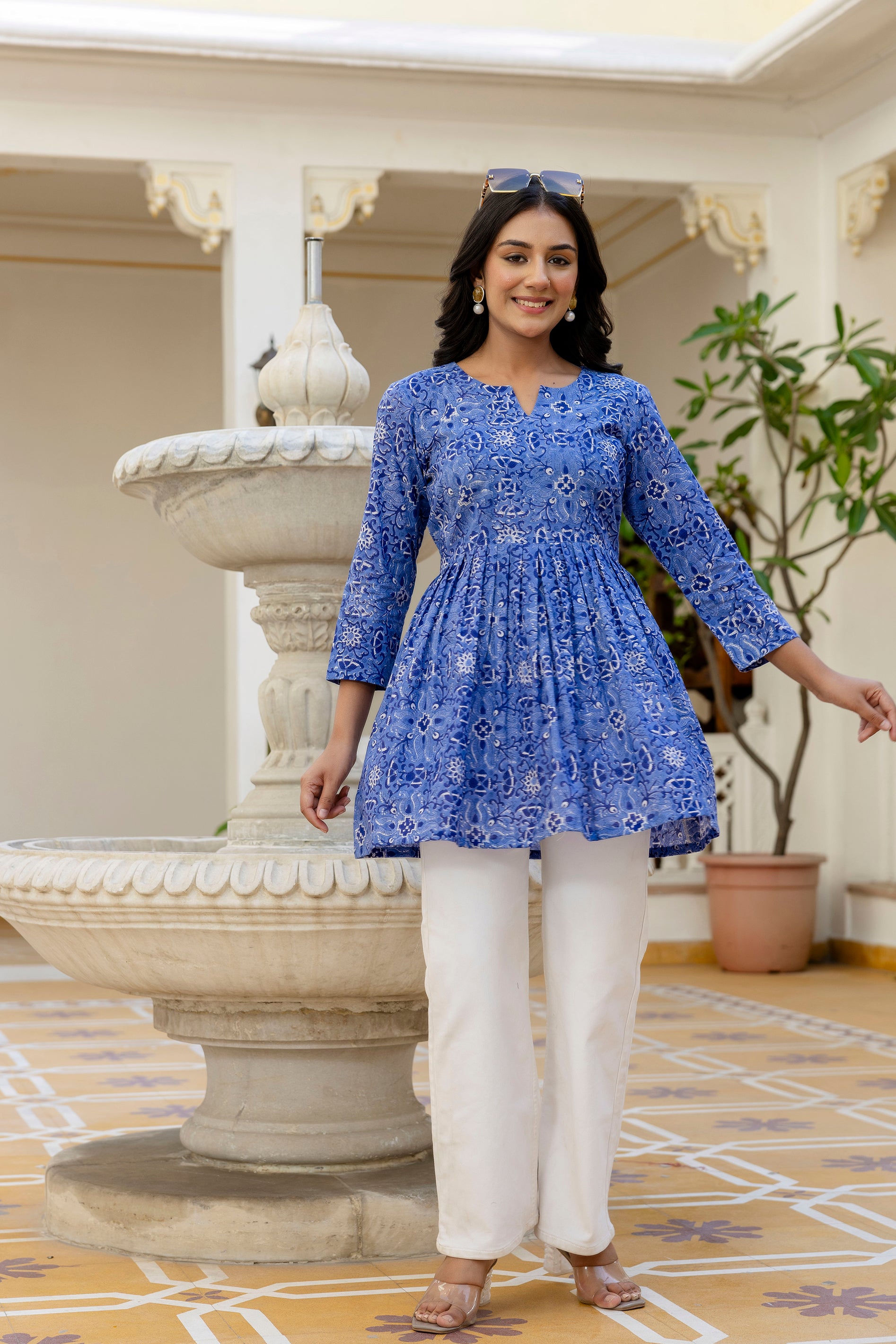 Blue Hand Block Printed Cotton Short Kurti with Back Tie
