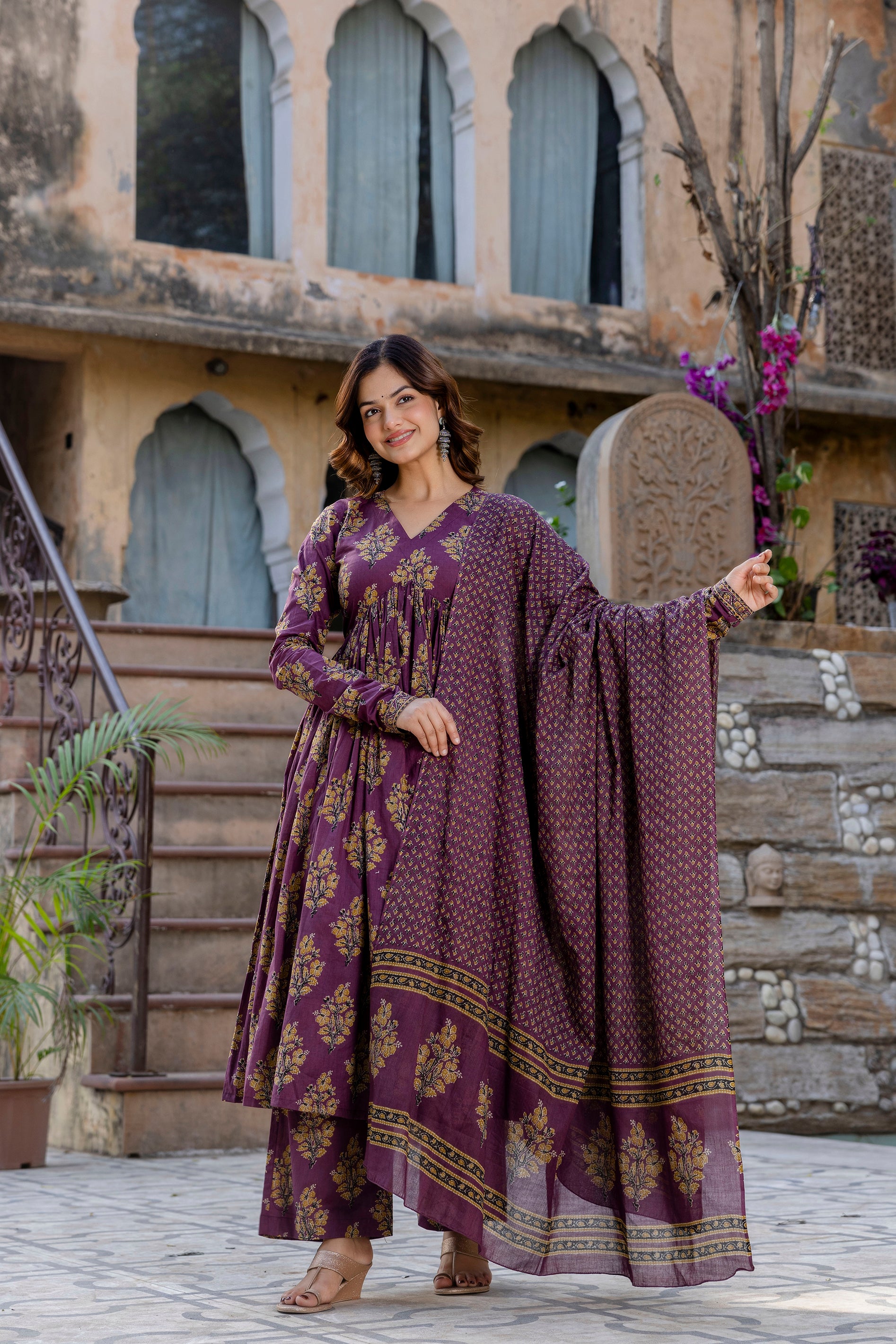 Plus Size Purple Woven Design Art Silk Suit Set
