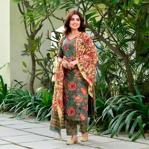 Gaeti Green Handblock Chanderi Unstitched Suit set