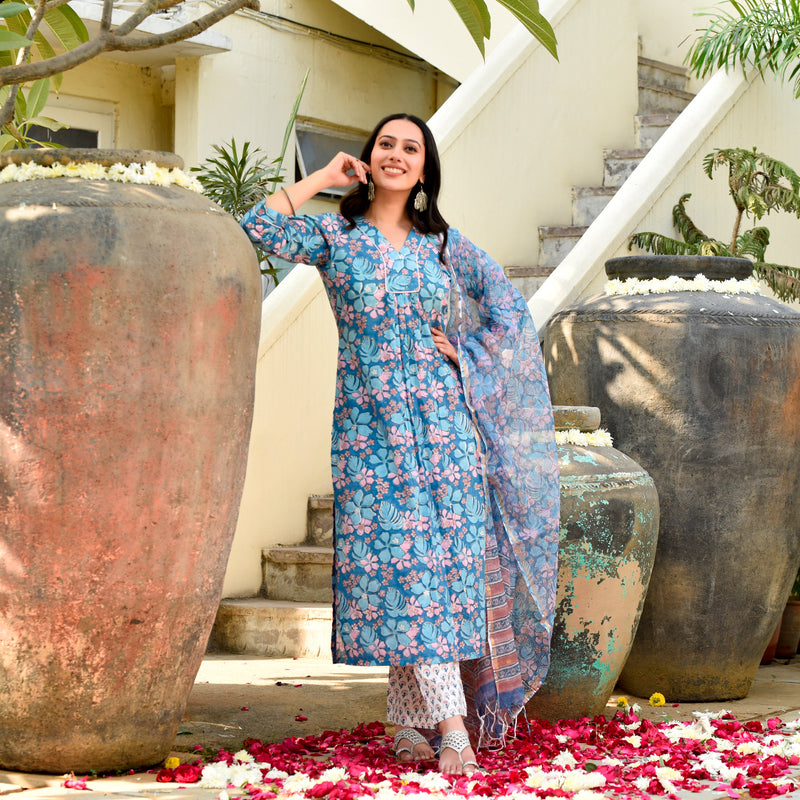 Badra Blue Floral Cotton Suit Set