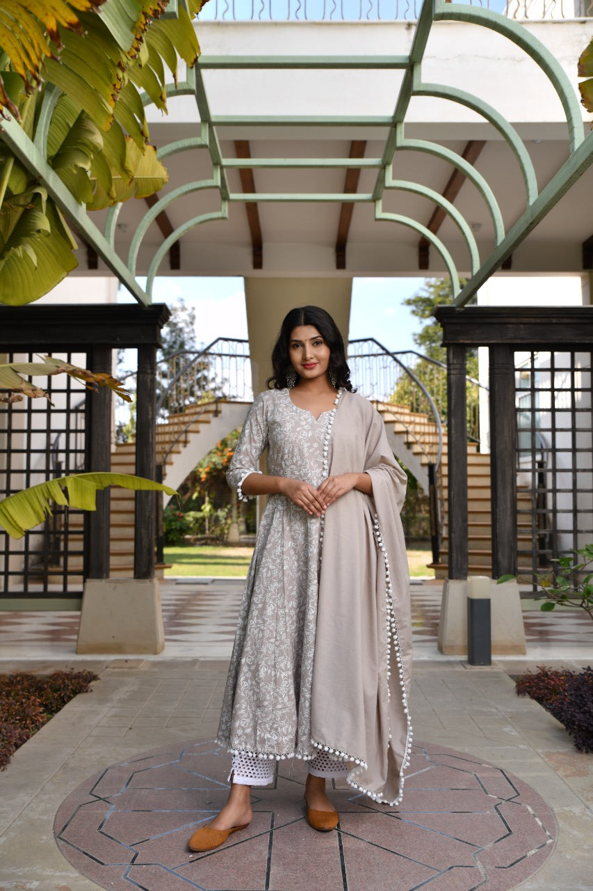 Red & Off White Chiffon Full Flair Floral Print Pom Pom Anarkali Suit with Beautiful Mirror work on Neck main image 0