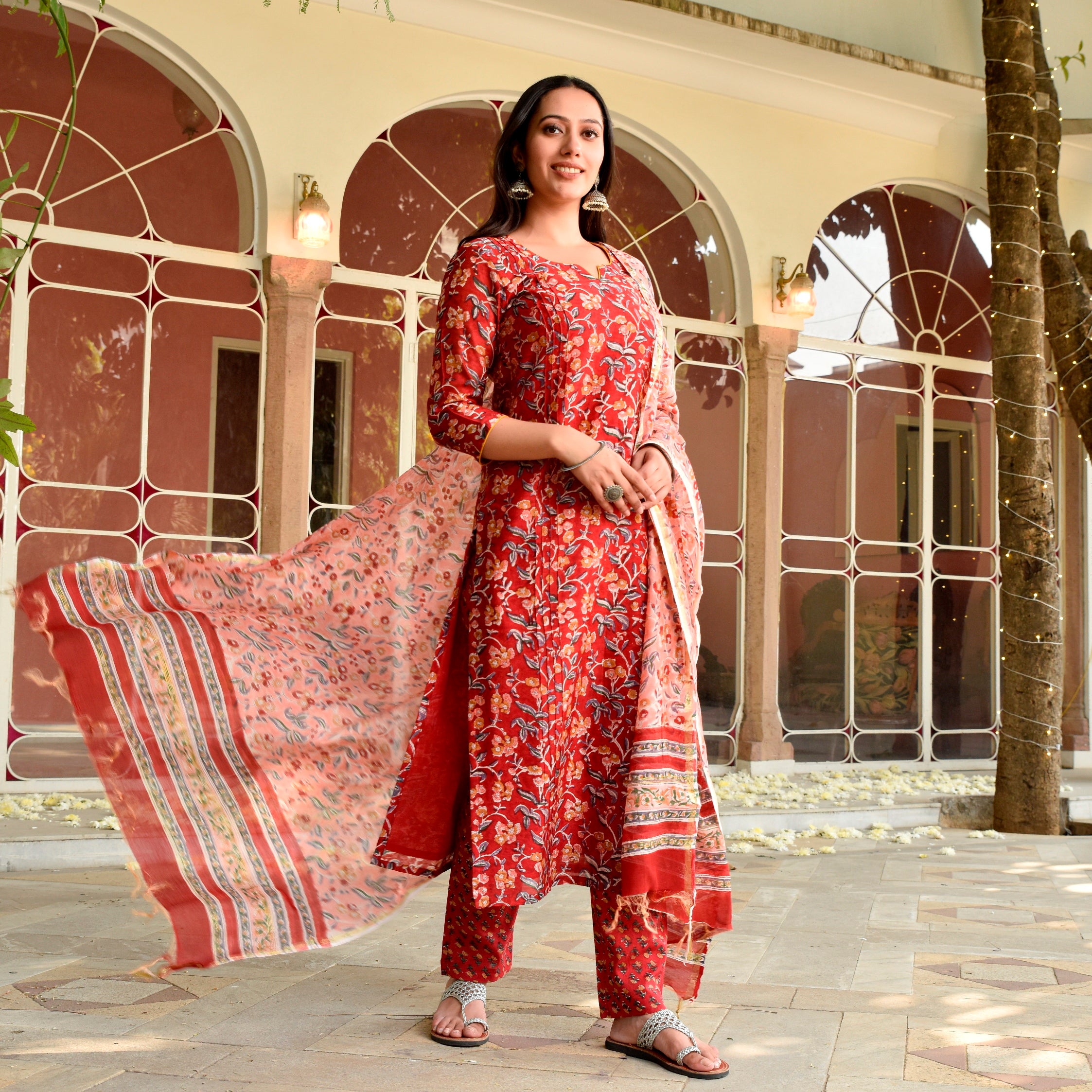 Ash Grey Red Chanderi Cotton Silk premium 3 pcs Salwar set