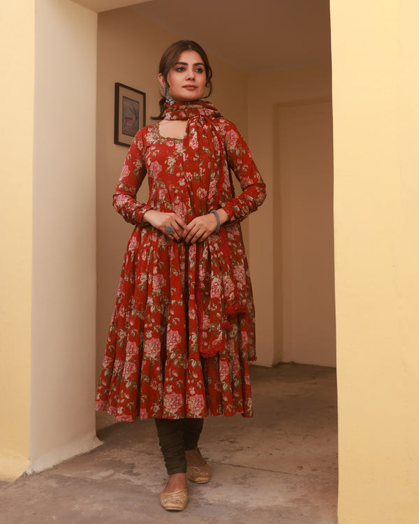 Madiha Maroon Floral Cotton Unstitched Suit set