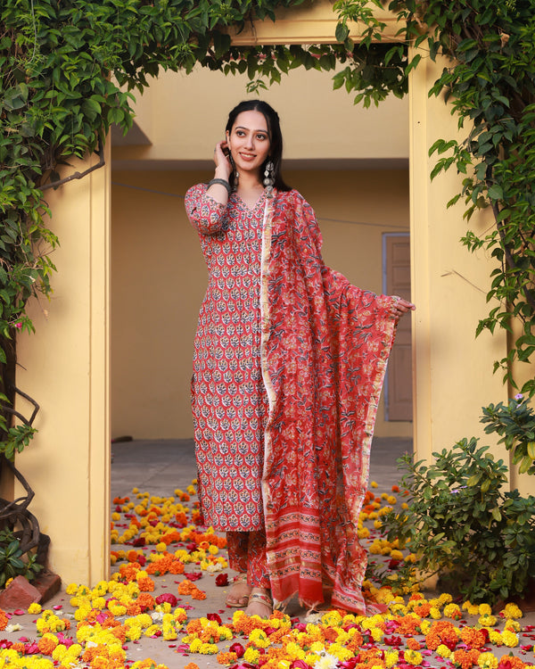 Raya Red Handblock Buti Print Cotton Straight Kurta Set