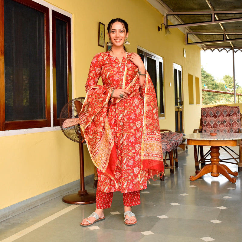 Ranu Red Handblock Cotton Straight Suit Set