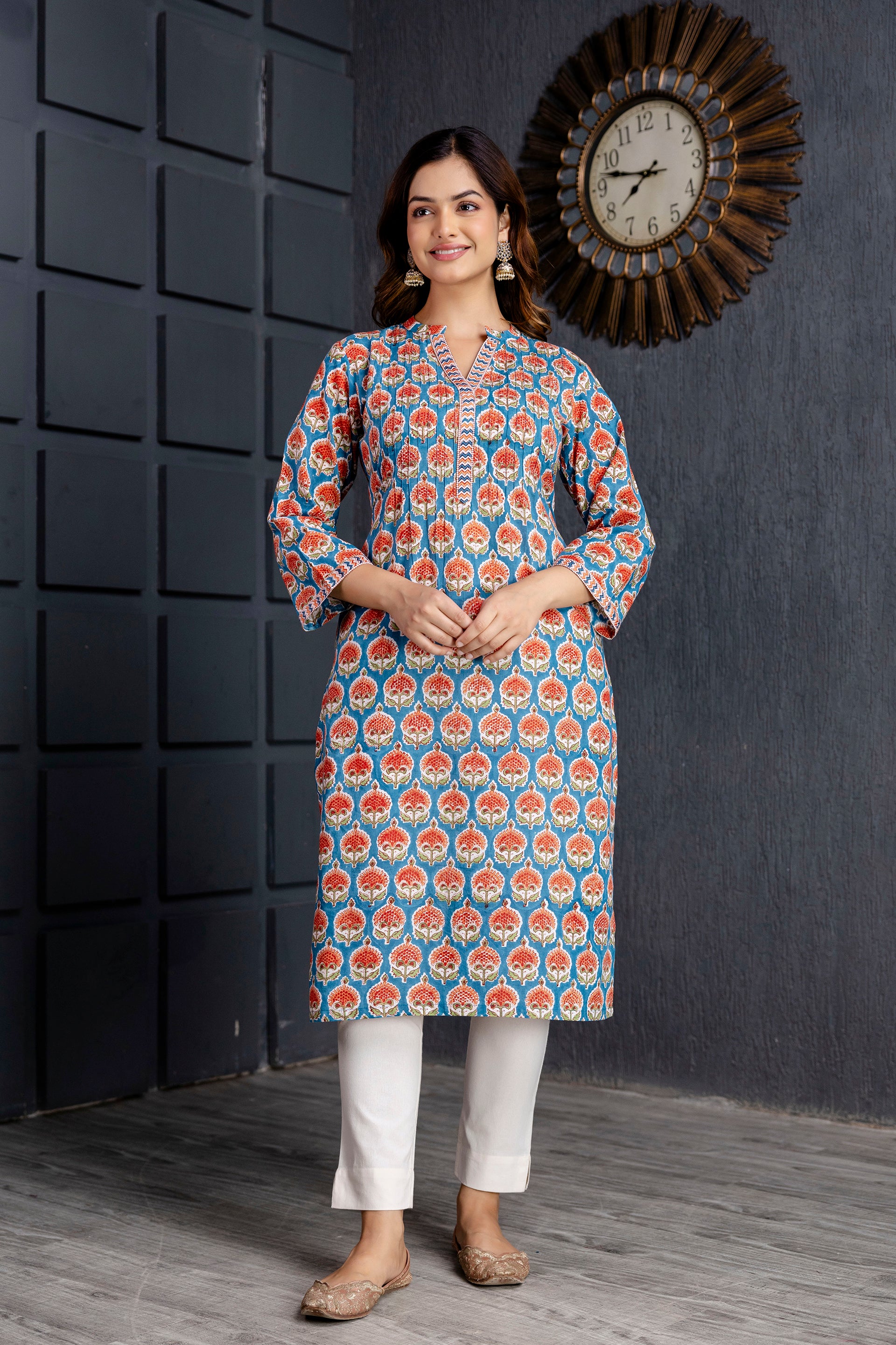 Blue - Akola Block Printed Cotton Long Straight Kurta