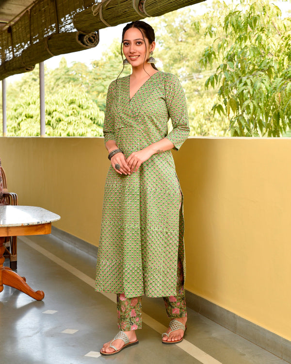 Gulfi Green Handblock Cotton Straight Kurta Pant Set