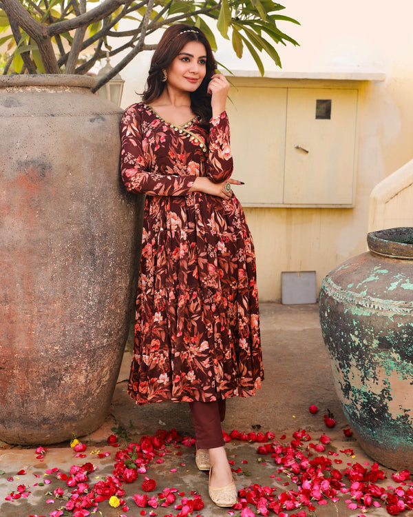 Bahni Brown Floral Print Angrakha Neck Anarkali Kurta Pant set