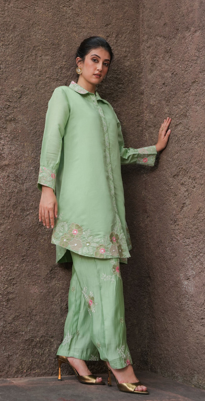 Jade Oasis Coord Set with Floral Embroidered Detailing
