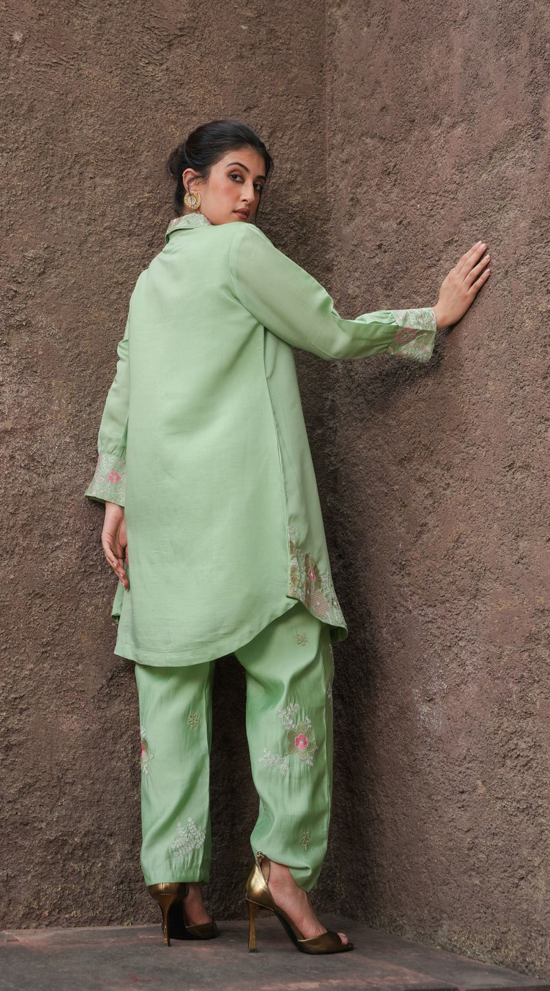 Jade Oasis Coord Set with Floral Embroidered Detailing