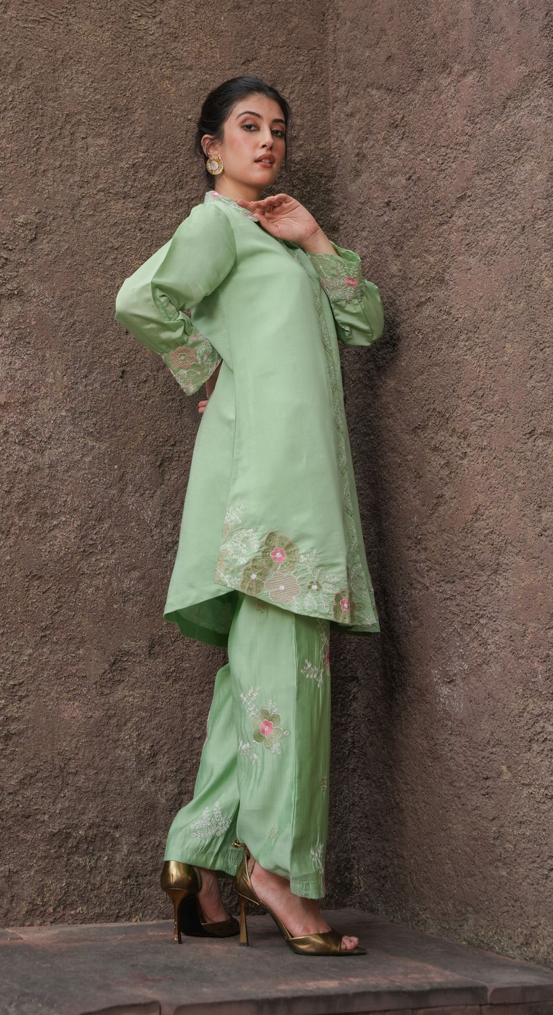 Jade Oasis Coord Set with Floral Embroidered Detailing