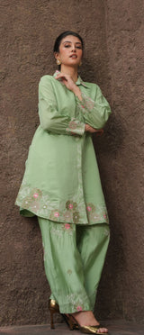 Jade Oasis Coord Set with Floral Embroidered Detailing