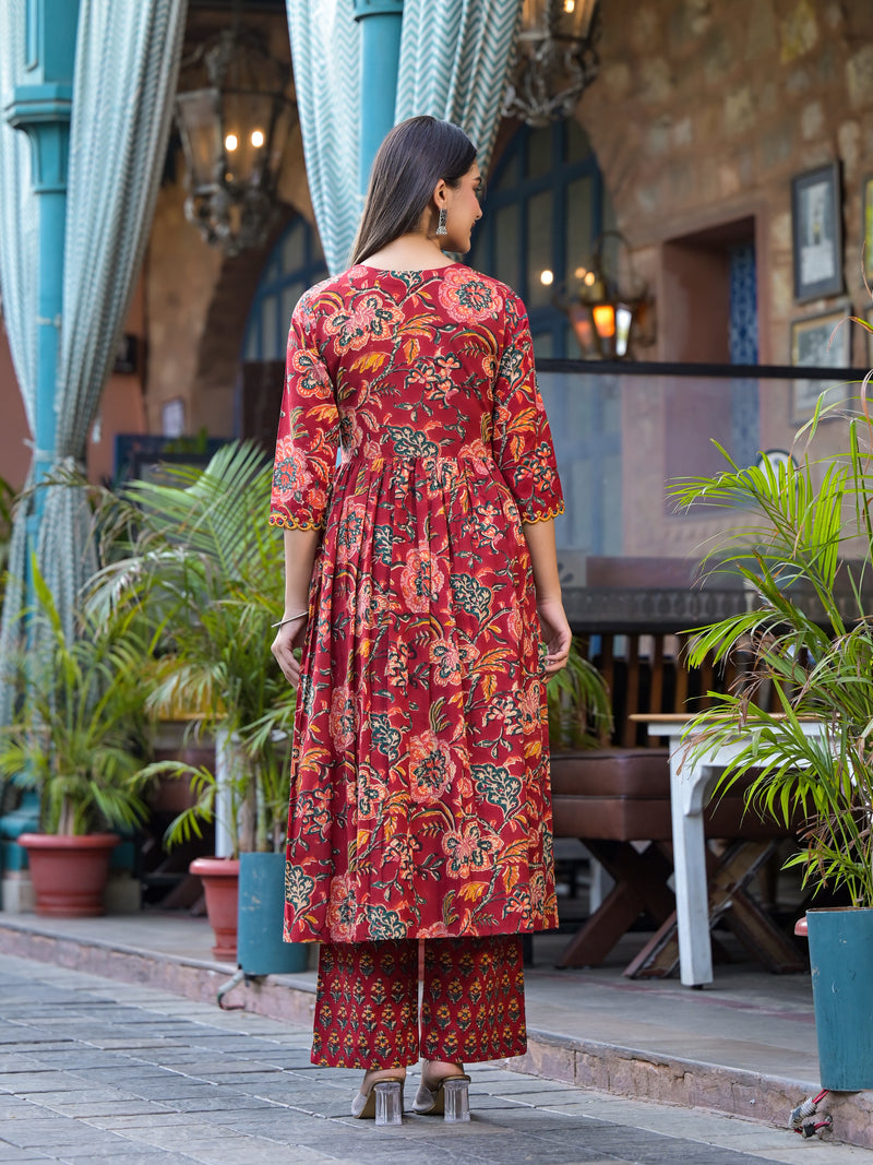 Rosheen Red Floral Block Print Embroidered Suit Set
