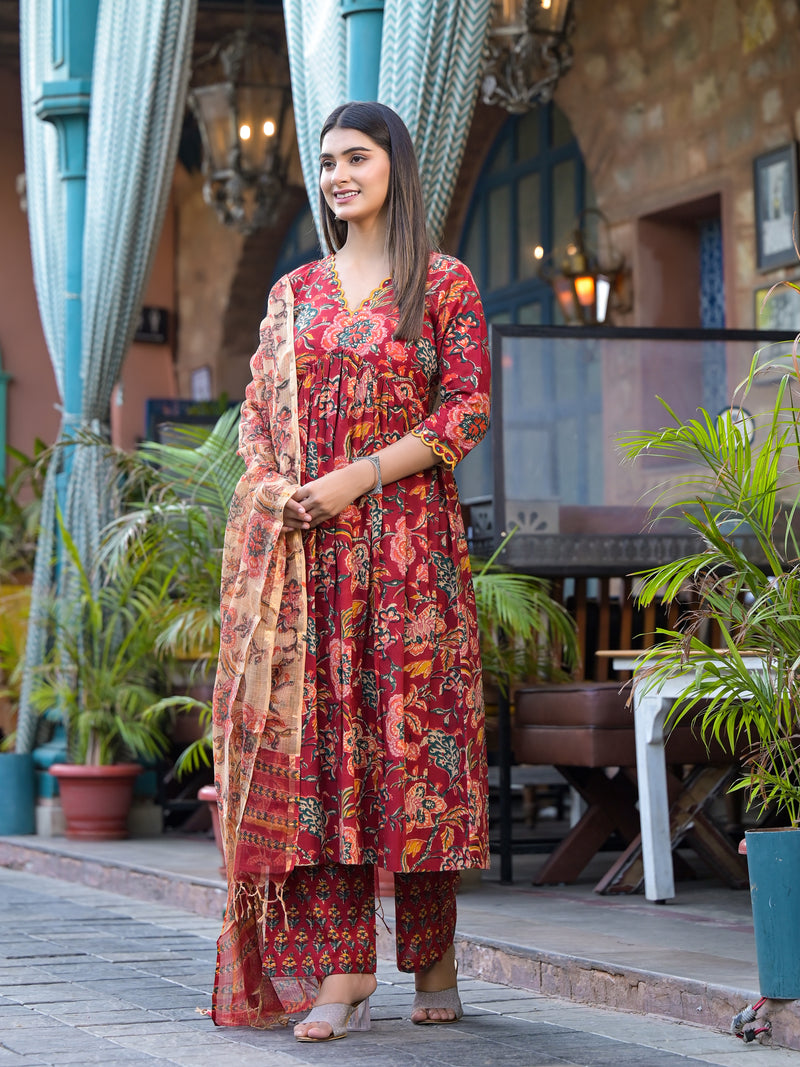 Rosheen Red Floral Block Print Embroidered Suit Set