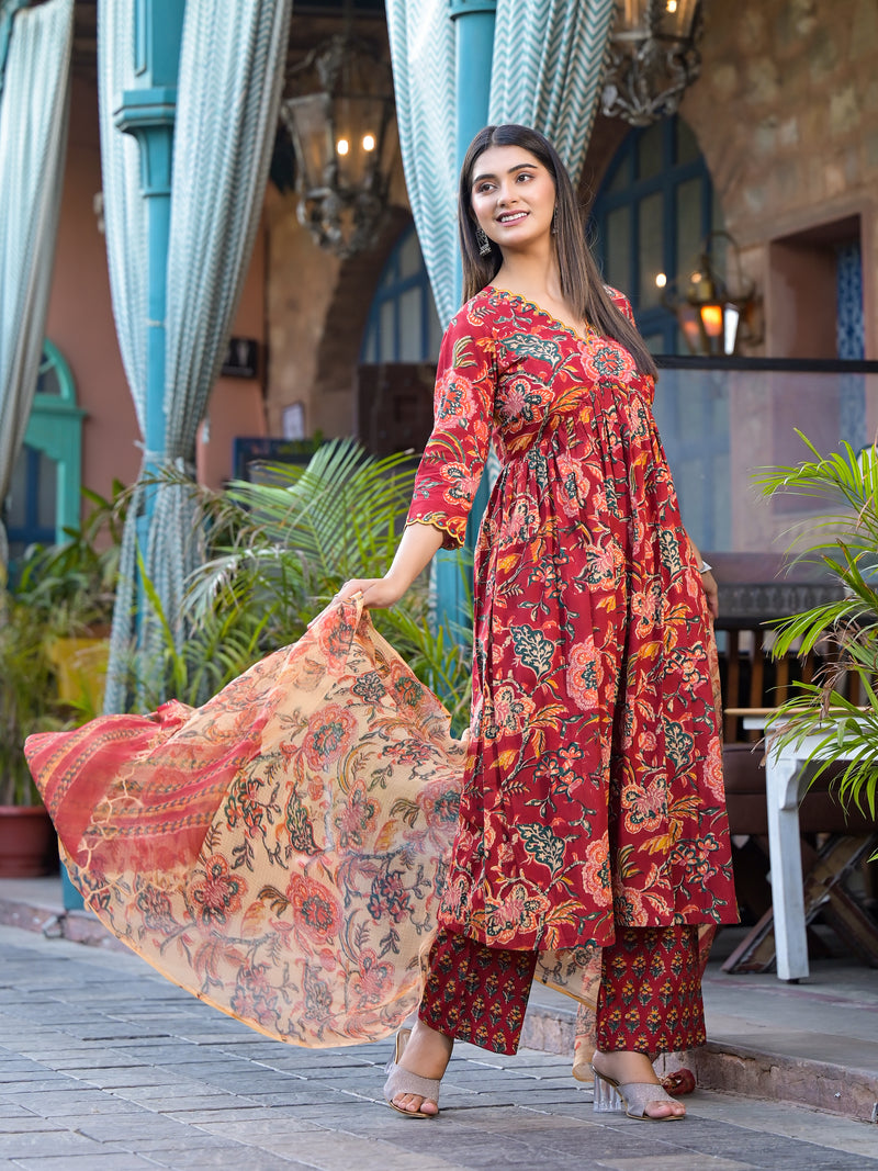Rosheen Red Floral Block Print Embroidered Suit Set
