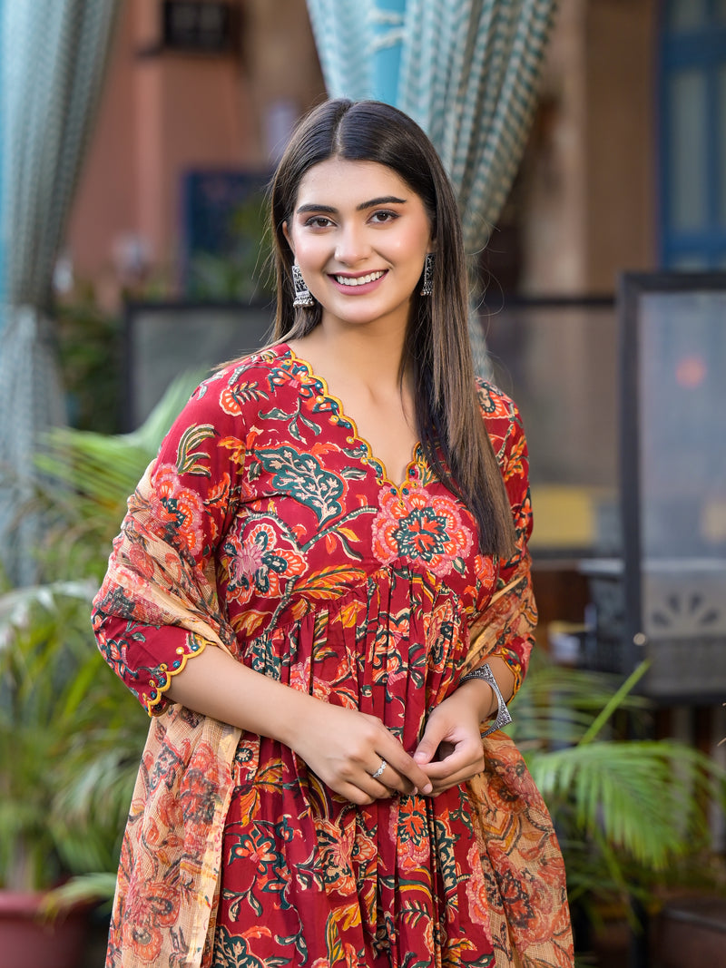 Rosheen Red Floral Block Print Embroidered Suit Set