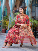 Rosheen Red Floral Block Print Embroidered Suit Set