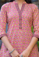 Peach Buti Print Cotton Short Kurta