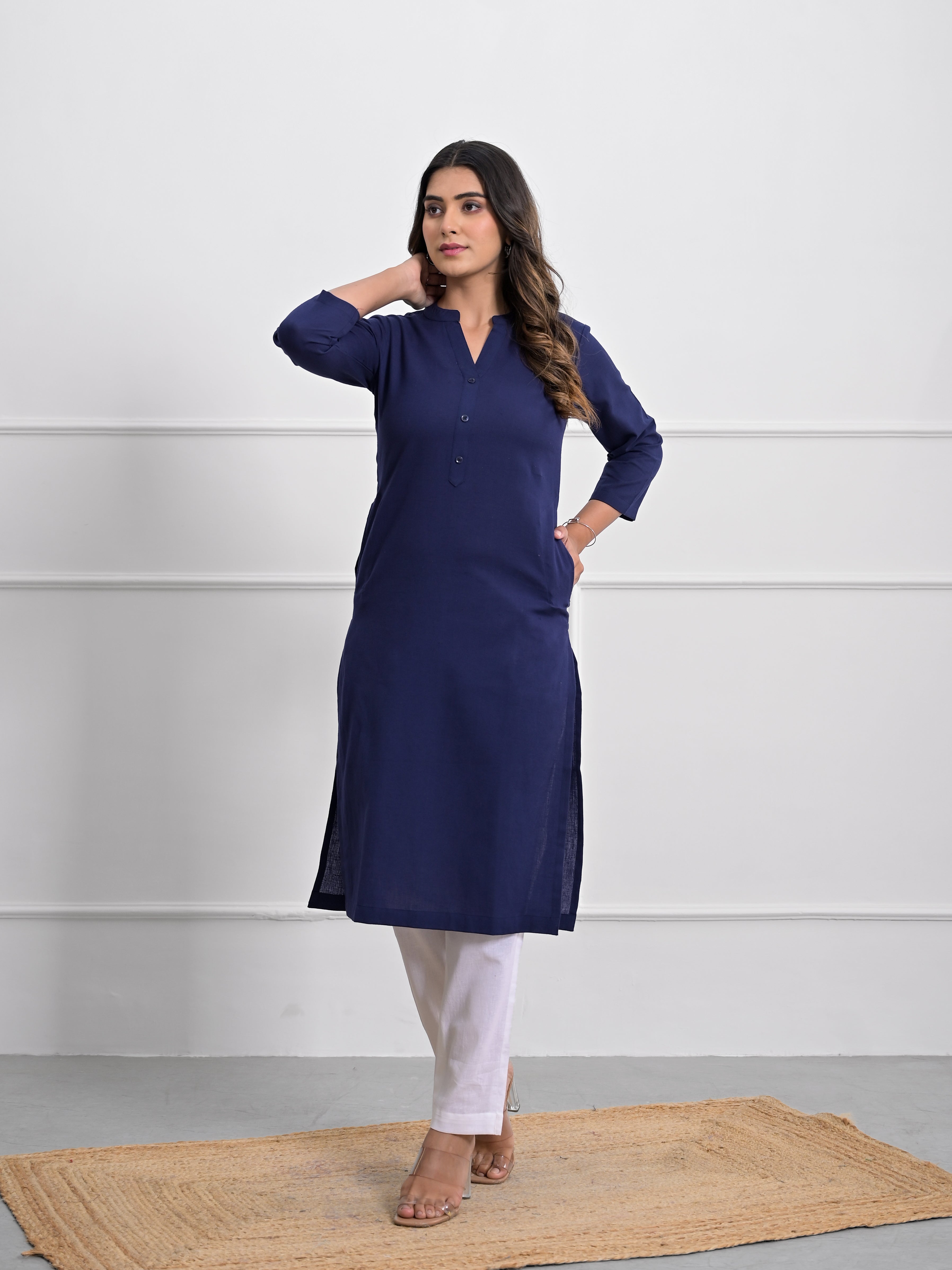 Navy Blue Pochampally Ikat Weave Cotton Long Kurta