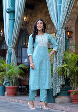 Teal Blue Floral Print Embroidered Cotton Suit Set