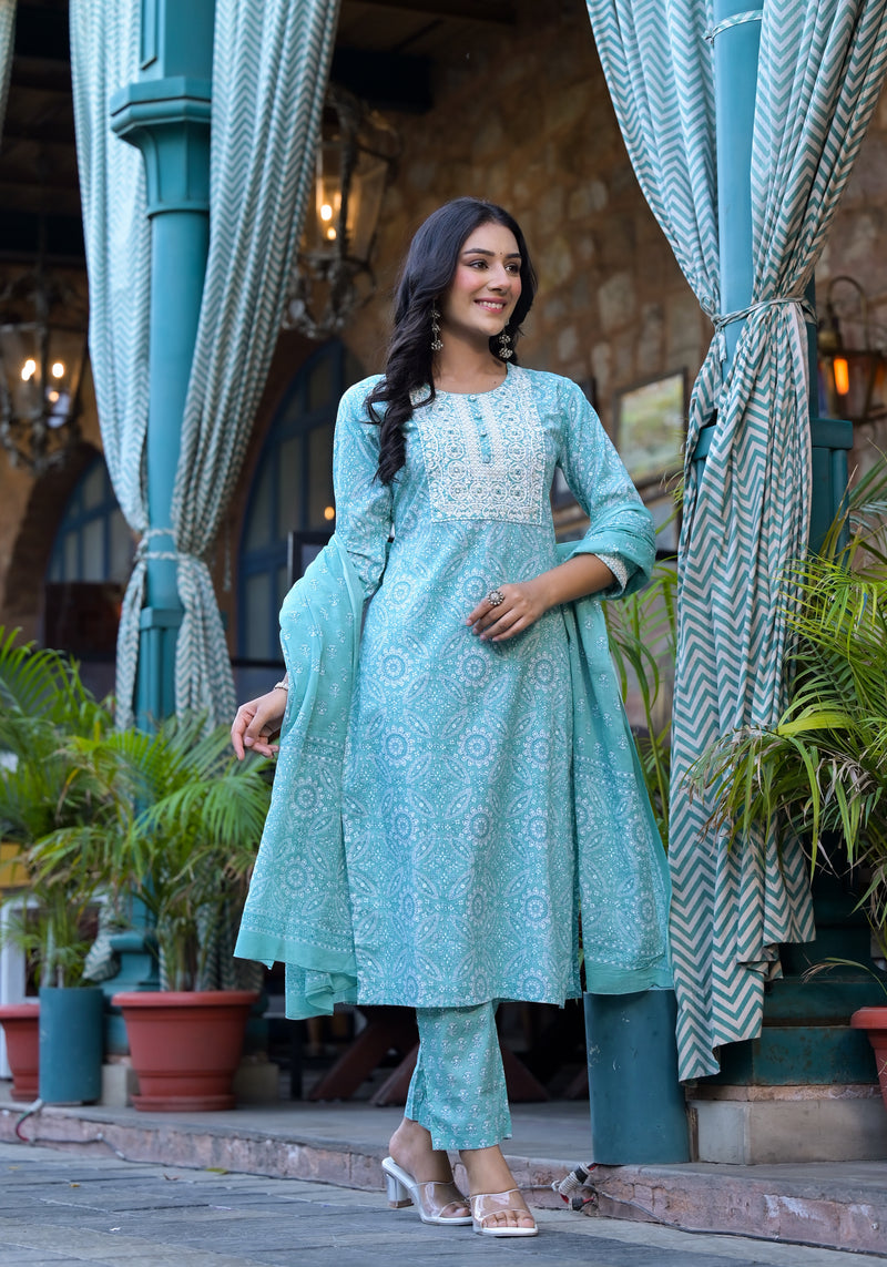 Teal Blue Floral Print Embroidered Cotton Suit Set